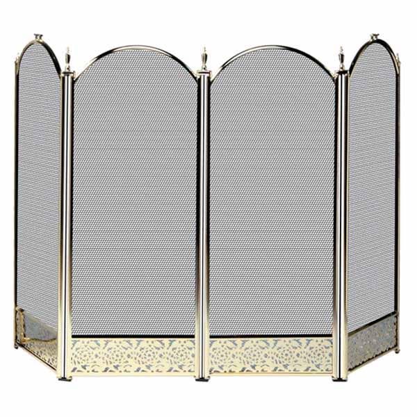 4 Fold Polished Brass Finish Screen with Decorative Filigree