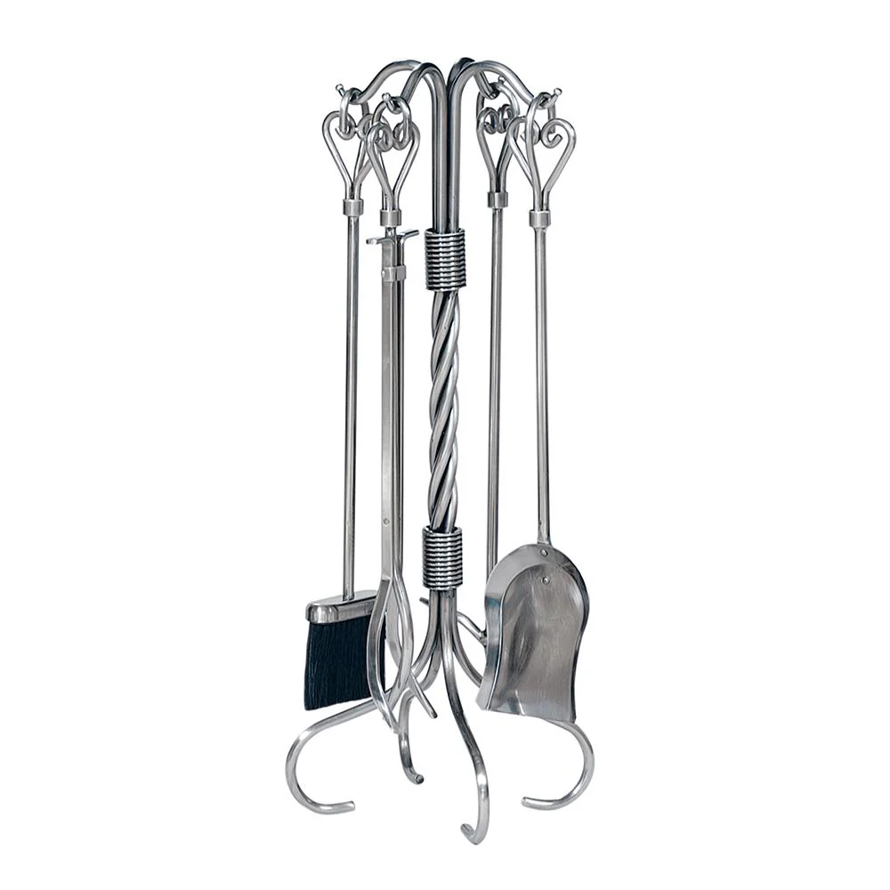 5 Pc Pewter Wrought Iron Fireset with Heart Handles