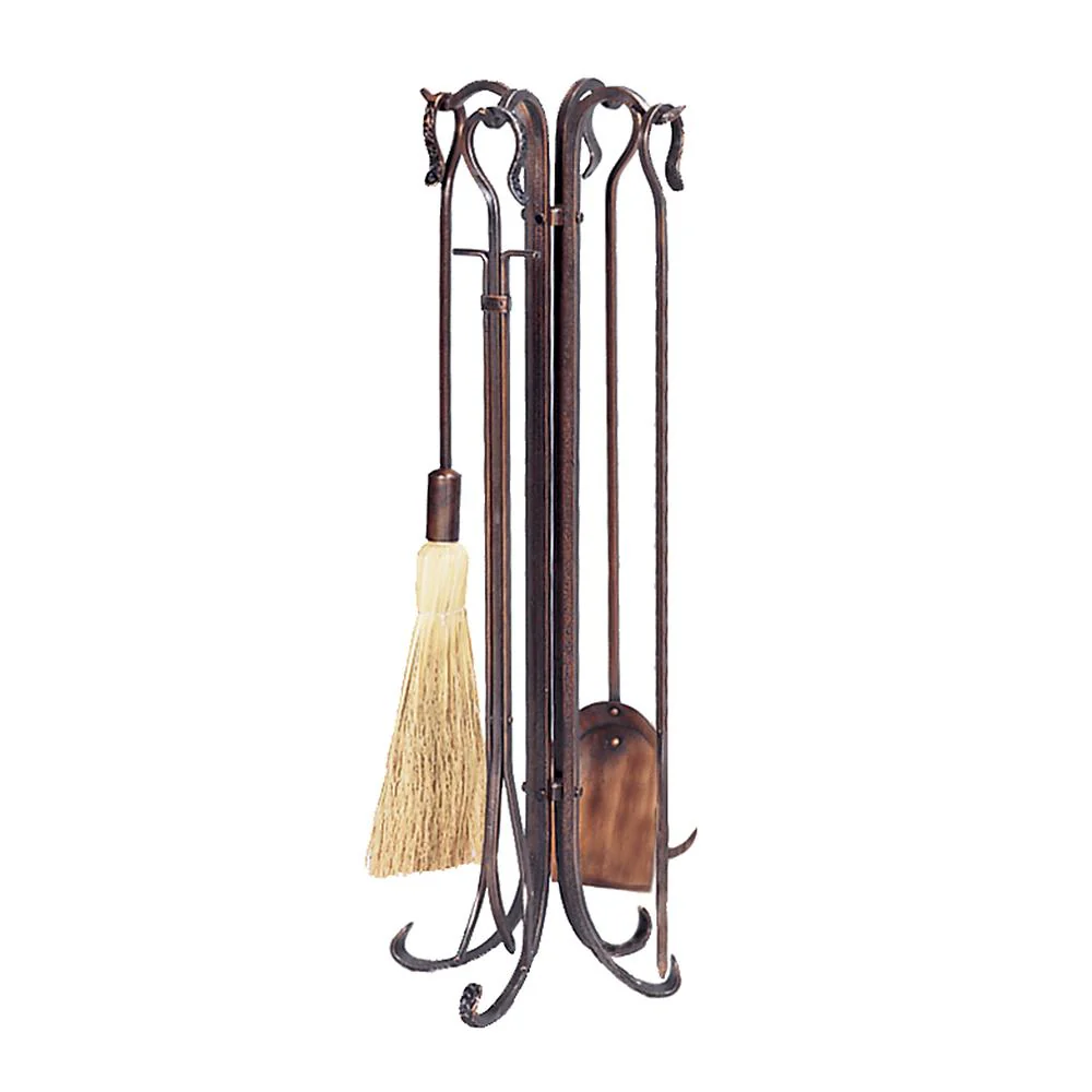 5 Piece Antique Copper Hammered Crook Fireset