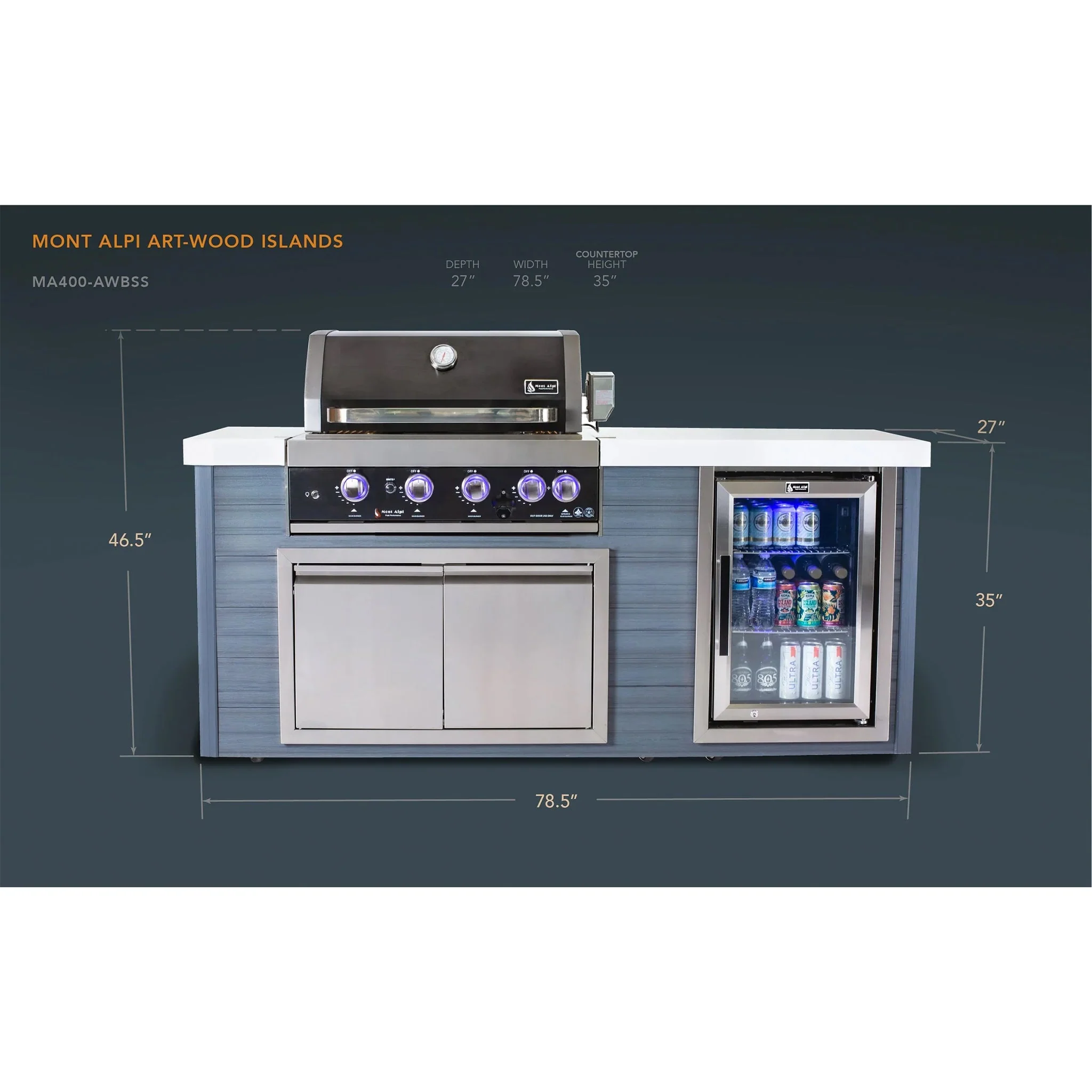 Art-Wood 4-Burner with Refrigerator, Rear Burner, and Rotisserie Kit Black Stainless Steel Propane Gas BBQ Island Grill - MA400-AWBSS by Mont Alpi - Image 5