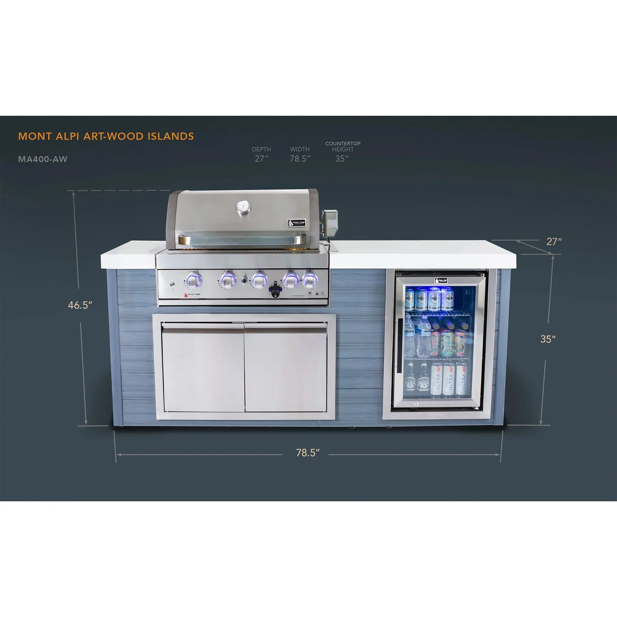 Art-Wood 4-Burner with Refrigerator, Rear Burner, and Rotisserie Kit Stainless Steel Propane Gas BBQ Island Grill - MA400-AW by Mont Alpi - Image 6