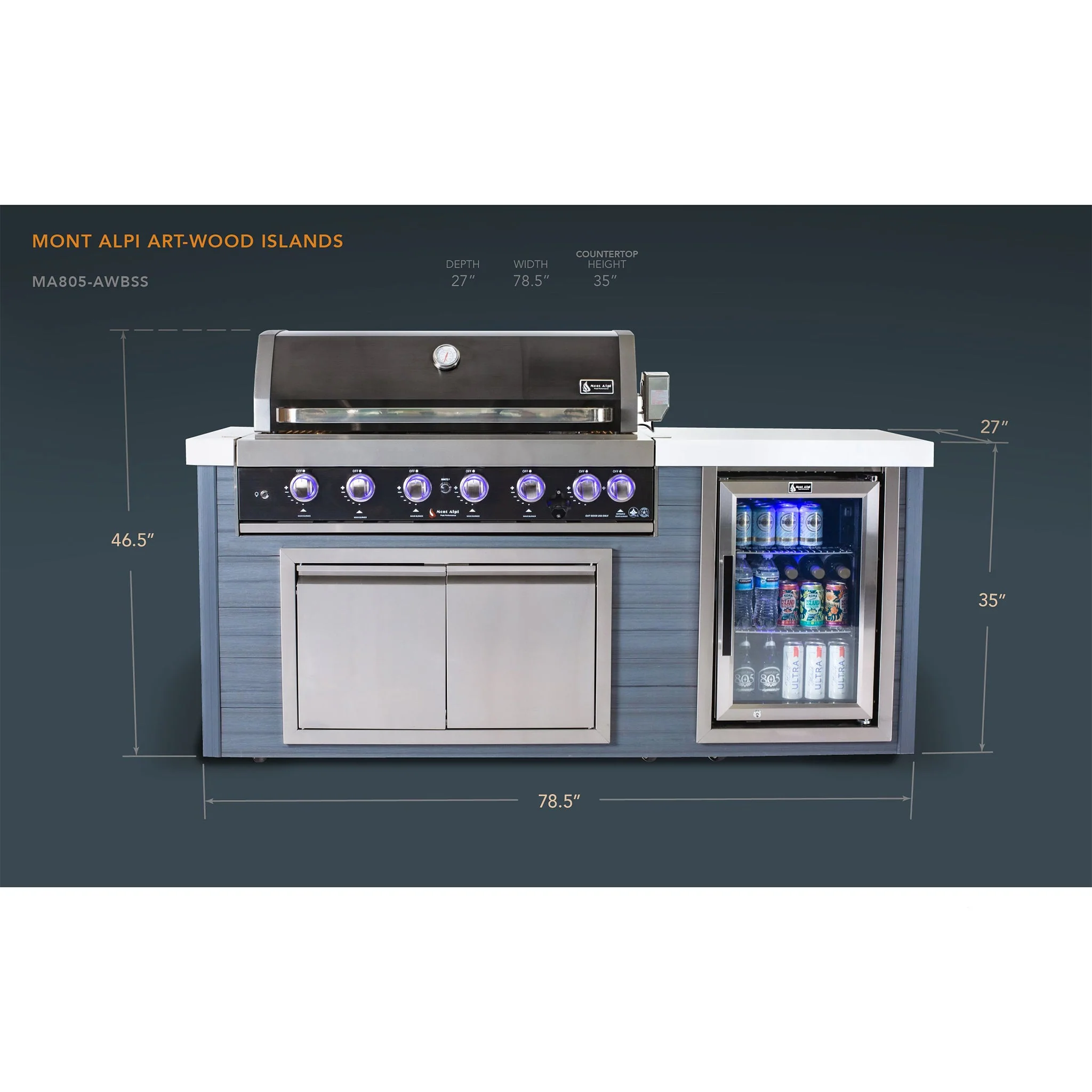 Art-Wood 6-Burner with Refrigerator, Rear Burner, and Rotisserie Kit Black Stainless Steel Natural Gas BBQ Island Grill - MA805-AWBSS by Mont Alpi - Image 6