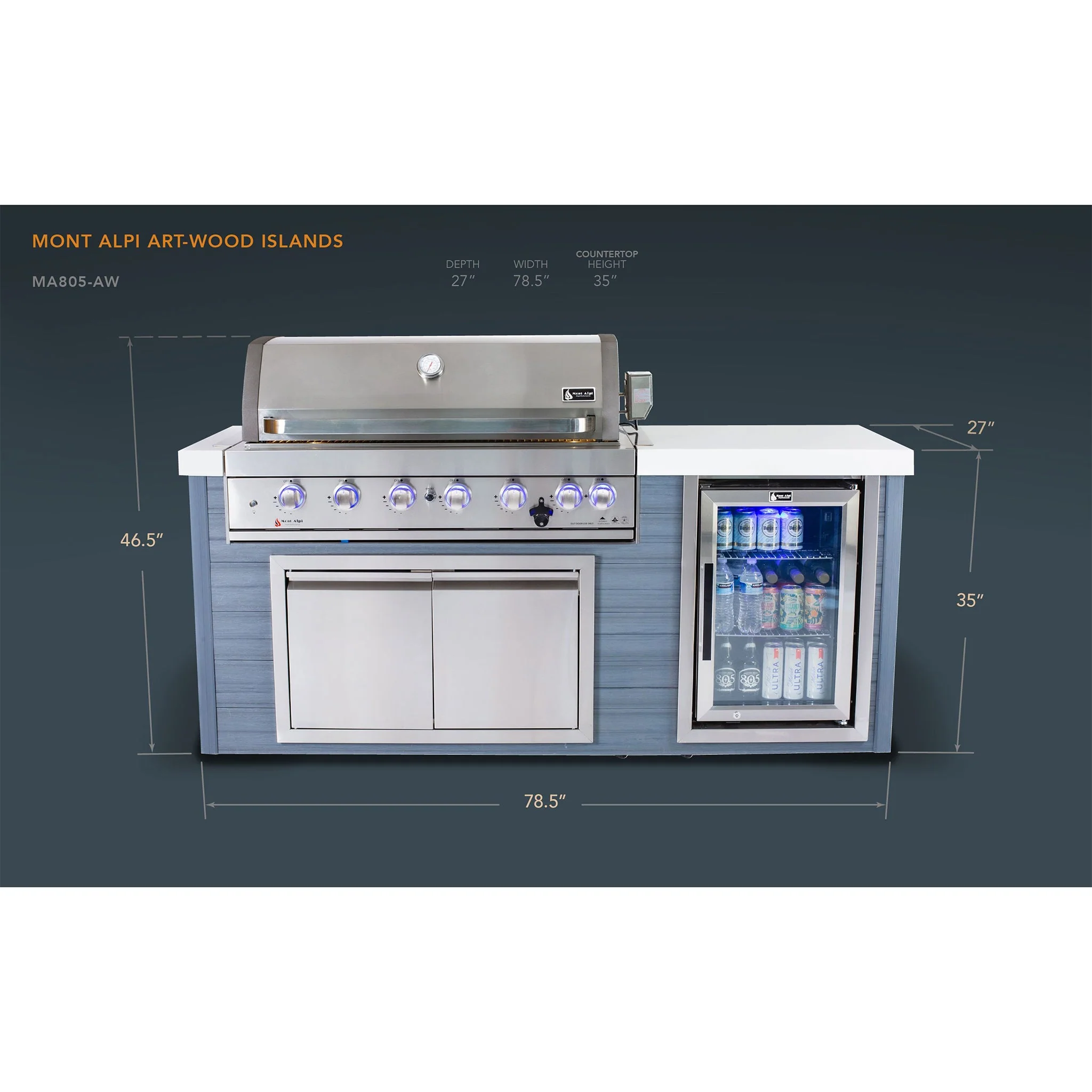 Art-Wood 6-Burner with Refrigerator, Rear Burner, and Rotisserie Kit Stainless Steel Propane Gas BBQ Island Grill - MA805-AW by Mont Alpi - Image 7