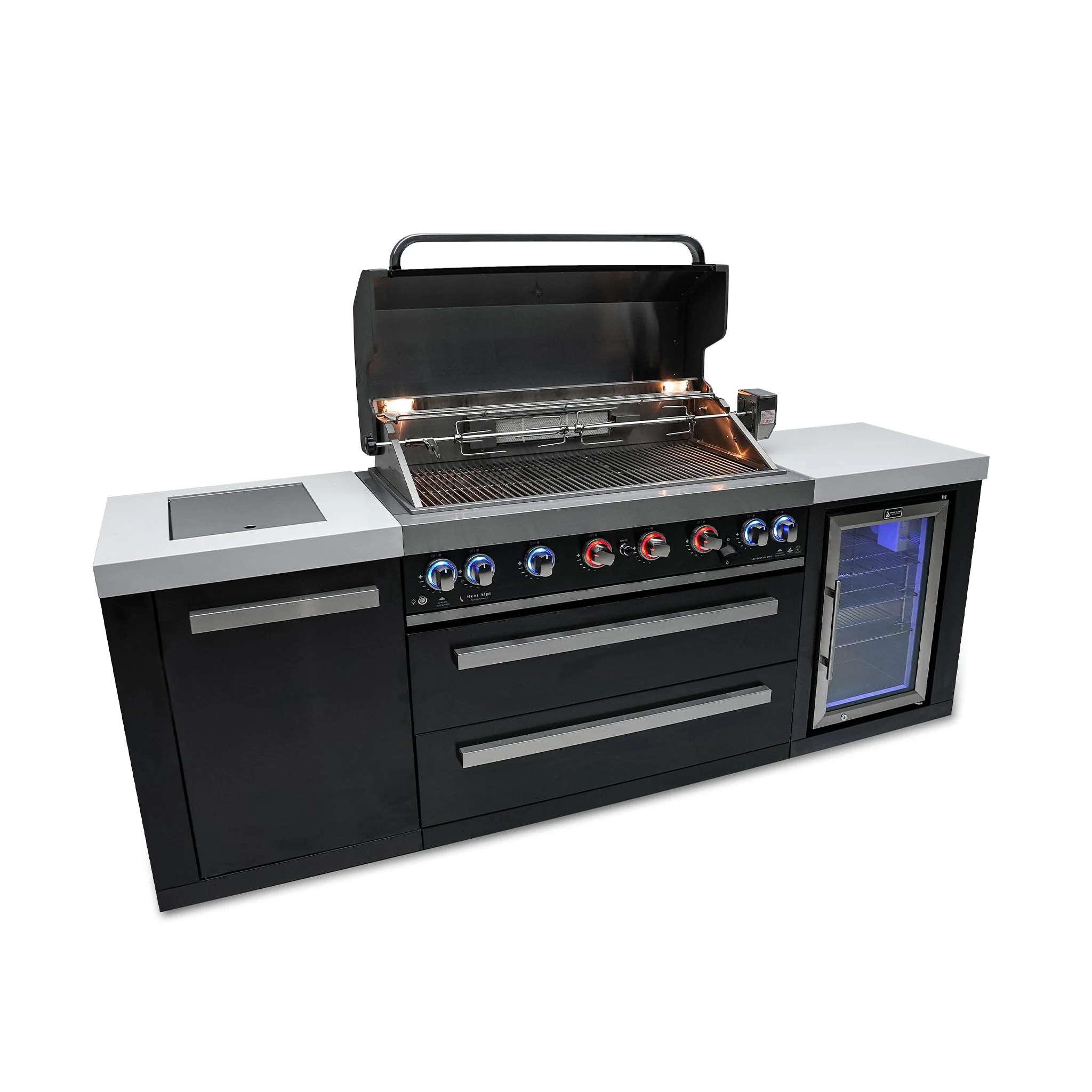 Deluxe 6-Burner with Refrigerator, Side Burner, and Rotisserie Kit Black Stainless Steel Propane Gas BBQ Island Grill - MAi805-BSSFC by Mont Alpi - Image 3